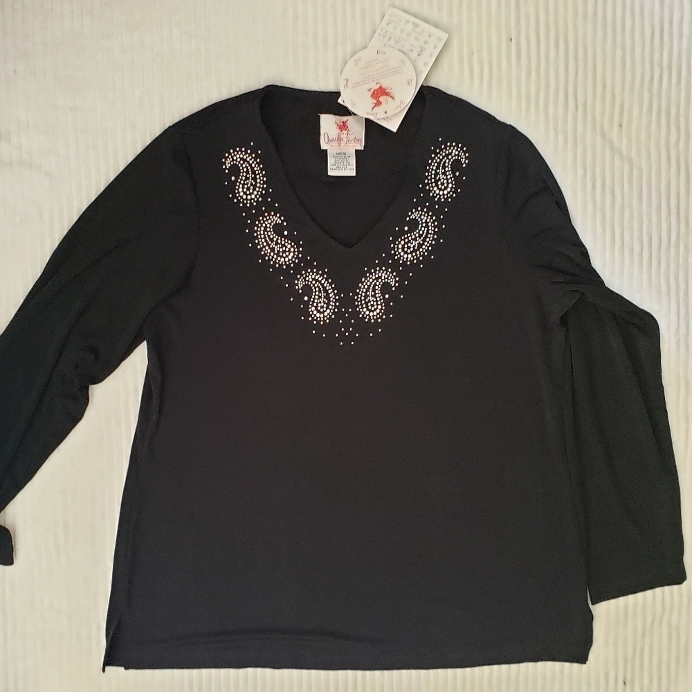 COPYQuaker Factory Women w Paisley Bedazzled Rhinestone Long Sleeve Blouse L NWT